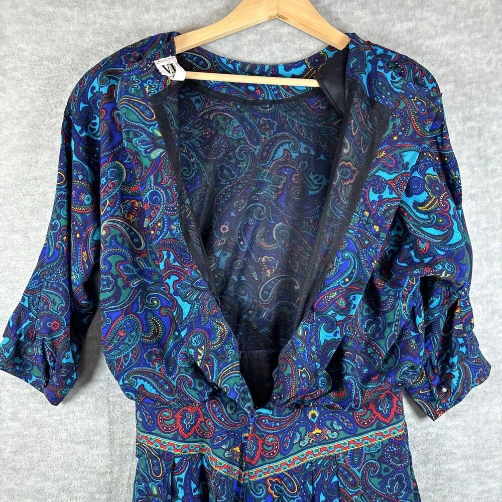 70s‎ Dress M/L Hippy Paisley Vintage Floral Boho Maxi Long Sleeve Blue Purple
